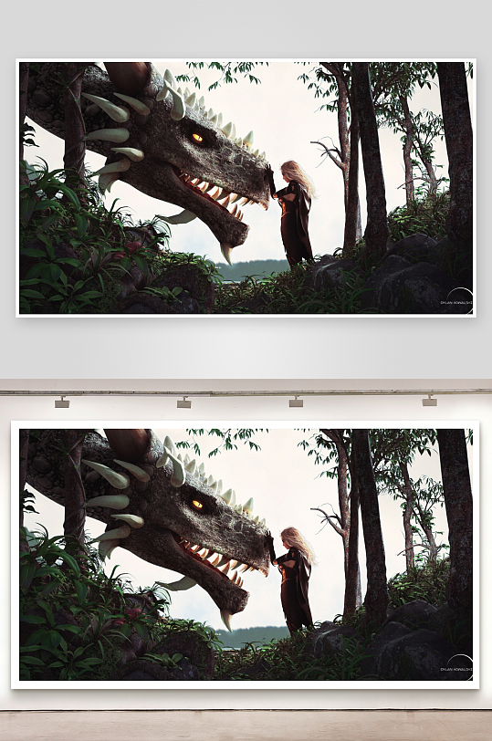 森林中女子与巨龙对视-众图网