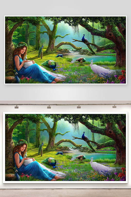 森林中女子与孔雀共处的梦幻场景-众图网