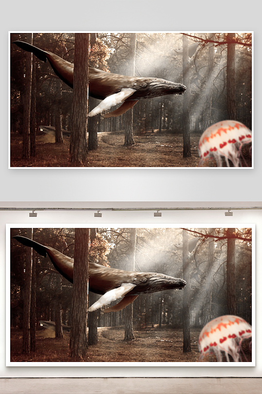 森林中游弋的鲸鱼与水母-众图网