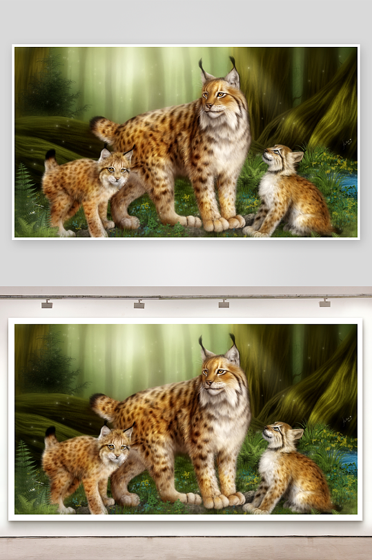 森林中猞猁母子温馨画面-众图网