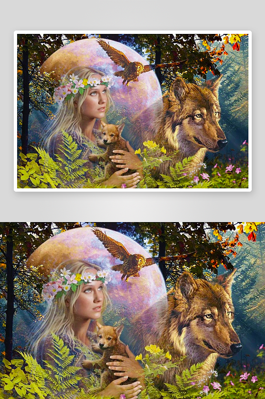 森林中女子与狼幼崽的奇幻场景-众图网