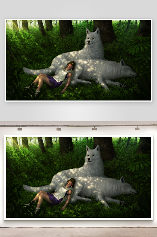 森林中女子与白狼休憩-众图网