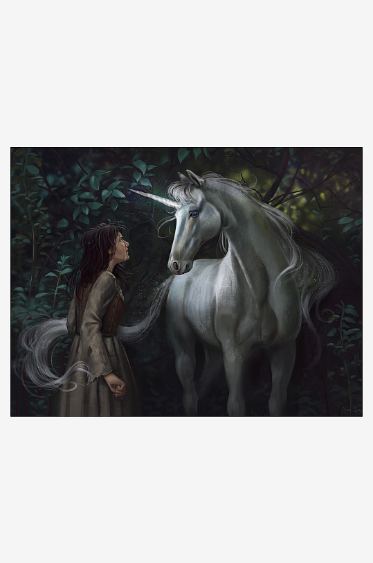 森林中女子与白马独角兽对视-众图网