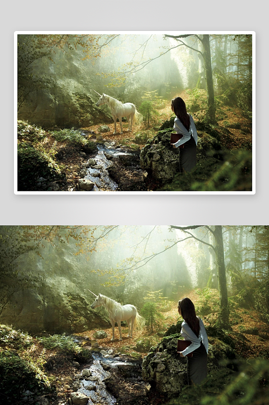 森林中女子与白马独角兽相遇-众图网