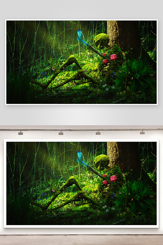 森林中的骷髅与鲜花-众图网