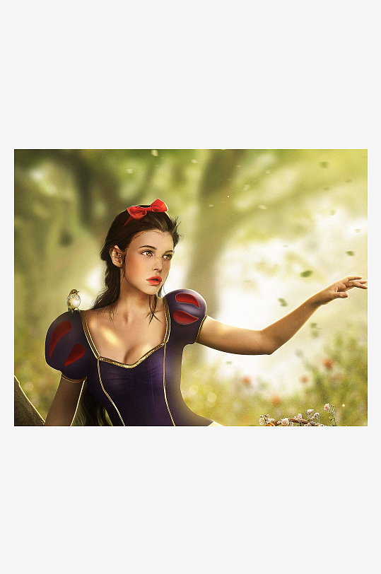 森林中红发女子与小鸟-众图网