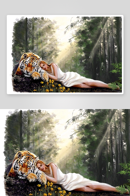 森林中女子与老虎和谐共处-众图网