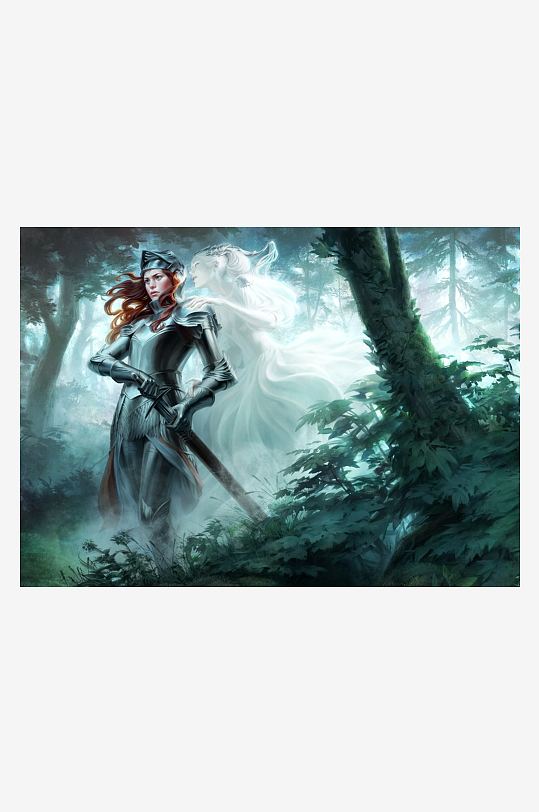 森林中持剑盔甲女与幽灵女子-众图网