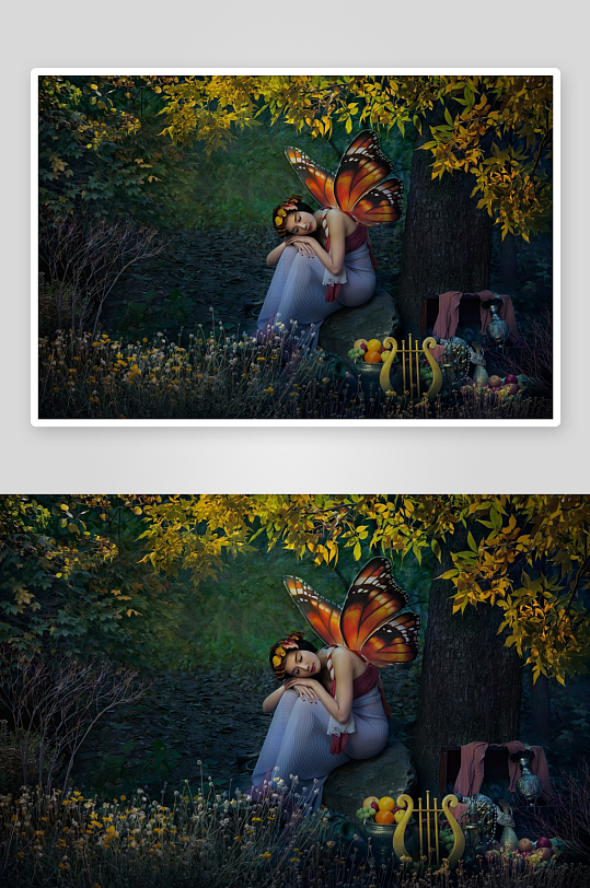 森林中蝴蝶仙子静坐休憩-众图网