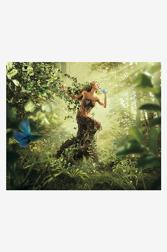 森林中身着藤蔓的女子与蝴蝶-众图网