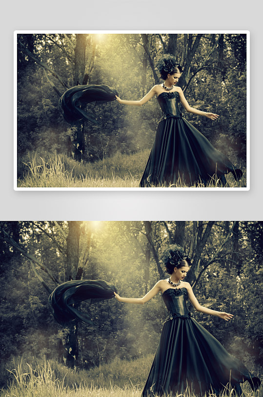 森林中黑裙女子优雅舞动-众图网