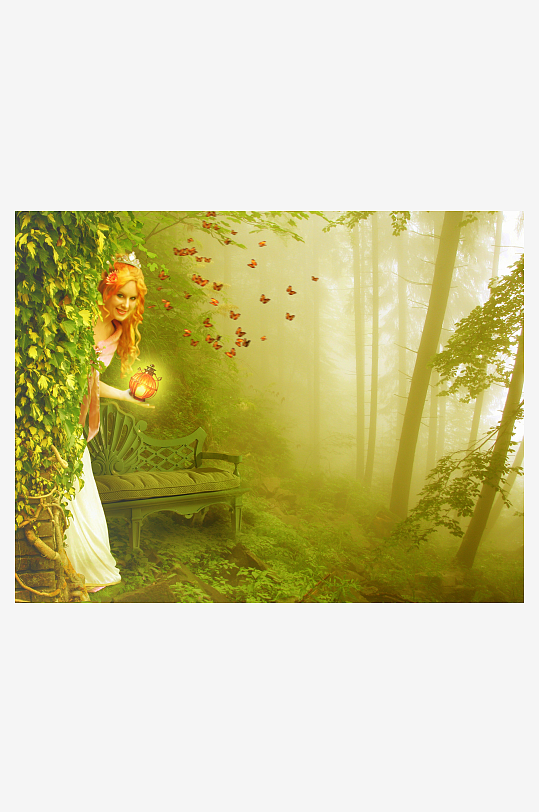 森林中持灯女子与飞蝶-众图网