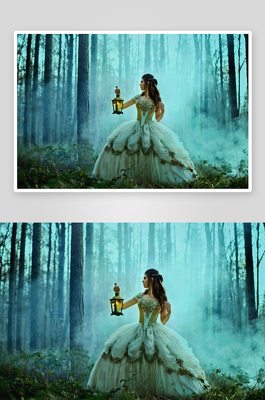森林中持灯的复古礼服女子-众图网