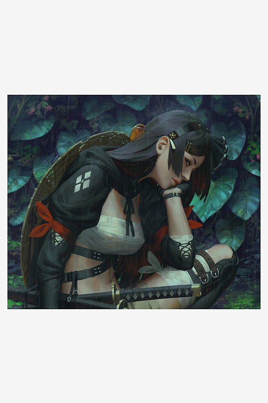 森林中沉思的神秘女子-众图网