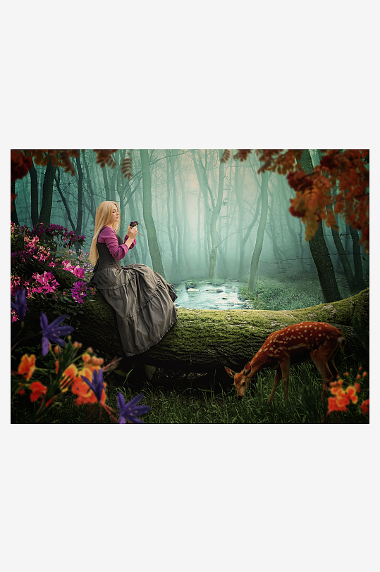 森林仙女与小鹿共处梦幻场景-众图网