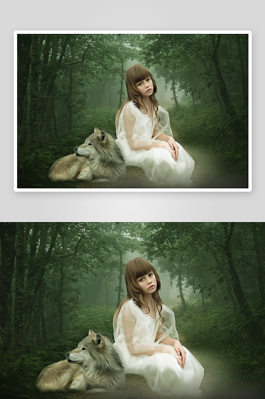森林中白衣女子与狼相伴-众图网