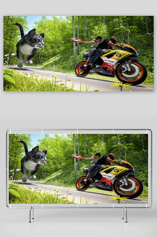 森林公路上摩托与飞猫奇遇-众图网