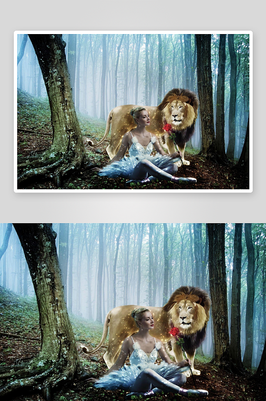 森林中芭蕾舞者与狮子相伴-众图网