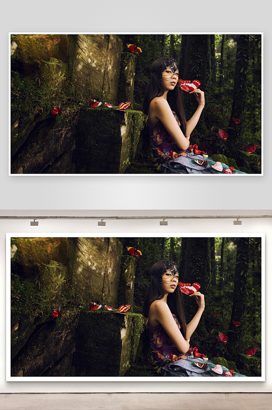 森林中蝴蝶环绕的神秘女子-众图网