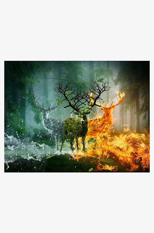 森林双鹿水火交融的奇幻景象-众图网