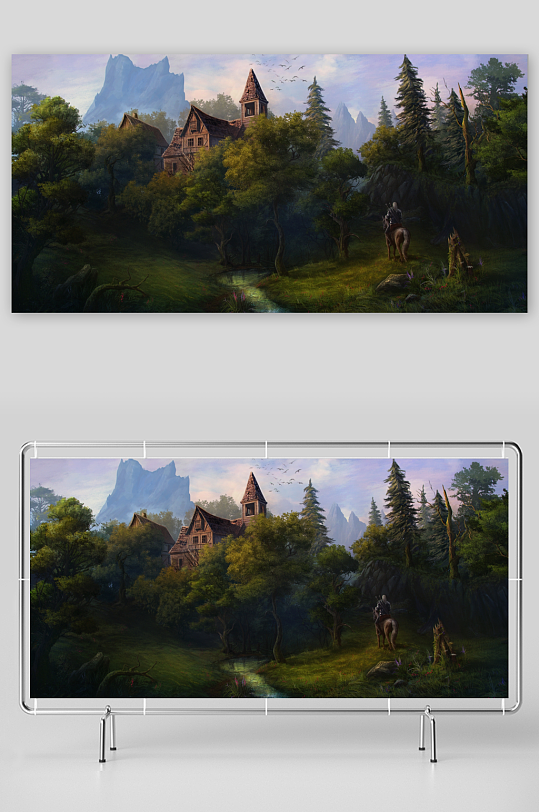 森林古堡骑士骑马风景画-众图网