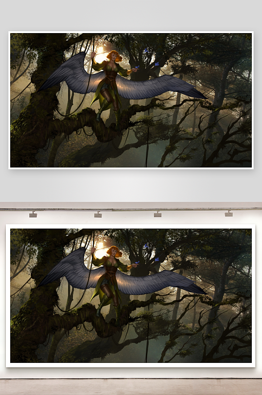 森林天使展翅站立树枝之上-众图网