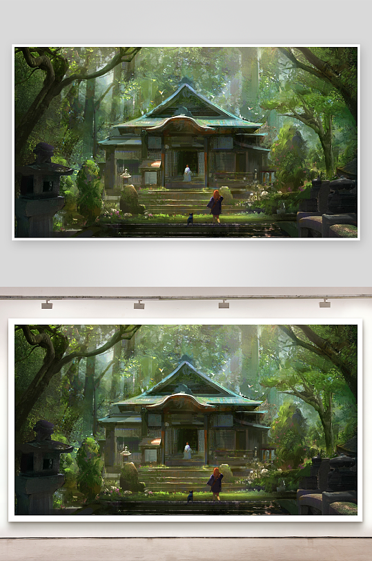 森林古寺少女与猫-众图网