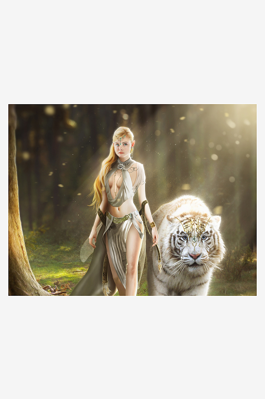 森林女神与白虎同行-众图网