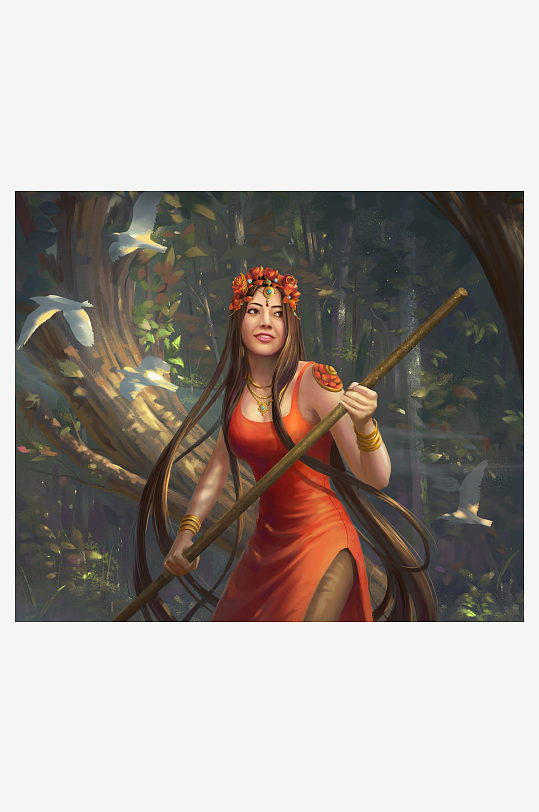 森林女神手持长杖优雅伫立-众图网