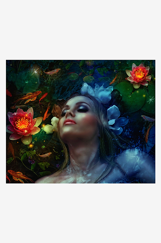 水中女子与莲花鱼群梦幻场景-众图网