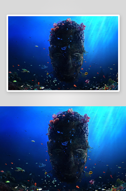 海底雕塑人脸与鱼群共生景象-众图网