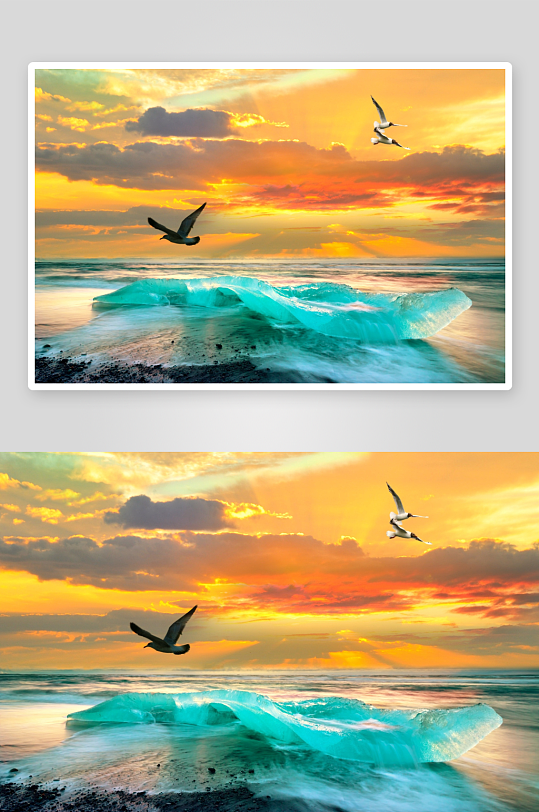 海浪冰块飞鸟夕阳美景-众图网