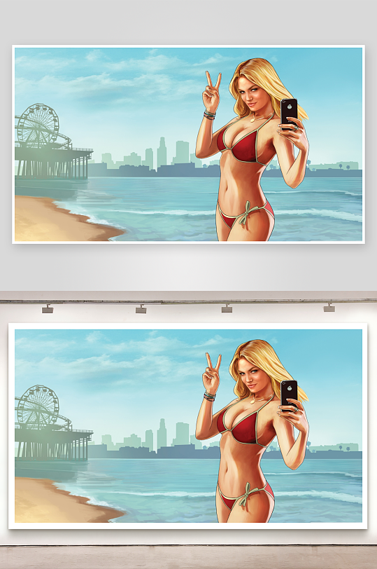 海滩美女自拍手机比耶-众图网