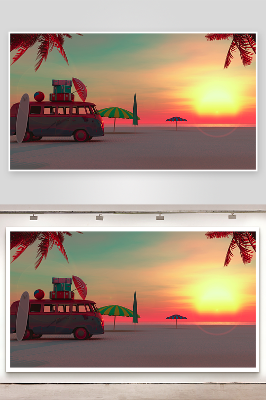 沙滩夕阳复古车照片摄影-众图网