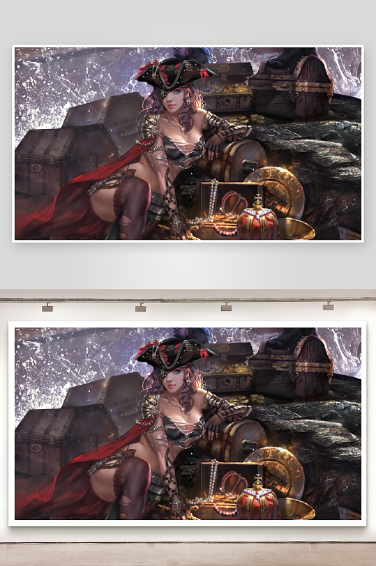 海盗女与宝藏箱的奇幻场景-众图网