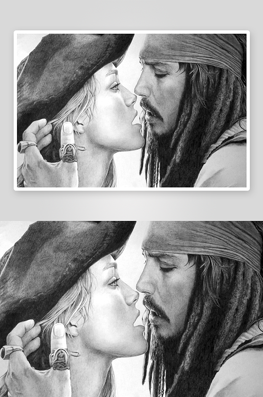 海盗情侣深情对视黑白素描-众图网