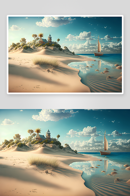 沙滩海岛帆船风景画-众图网