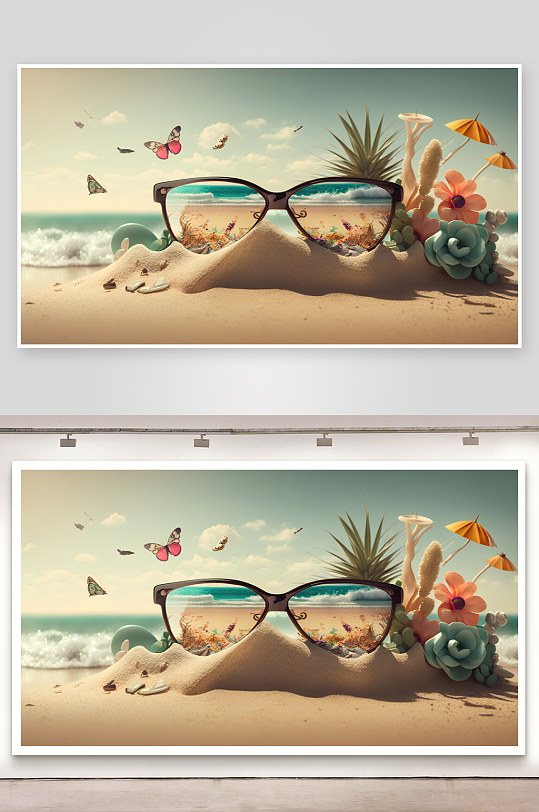 沙滩眼镜蝴蝶花装饰-众图网