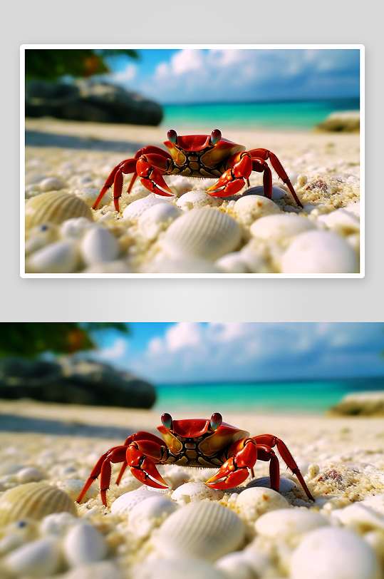 沙滩红蟹与贝壳特写-众图网