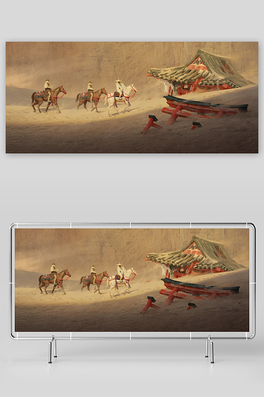 沙漠古建筑旁骑马行进-众图网