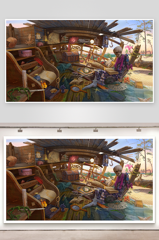 海盗船舱内的骷髅与宝藏-众图网