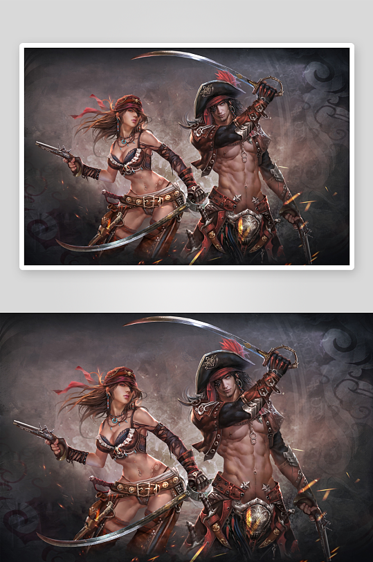 海盗风格男女战士对峙画面-众图网