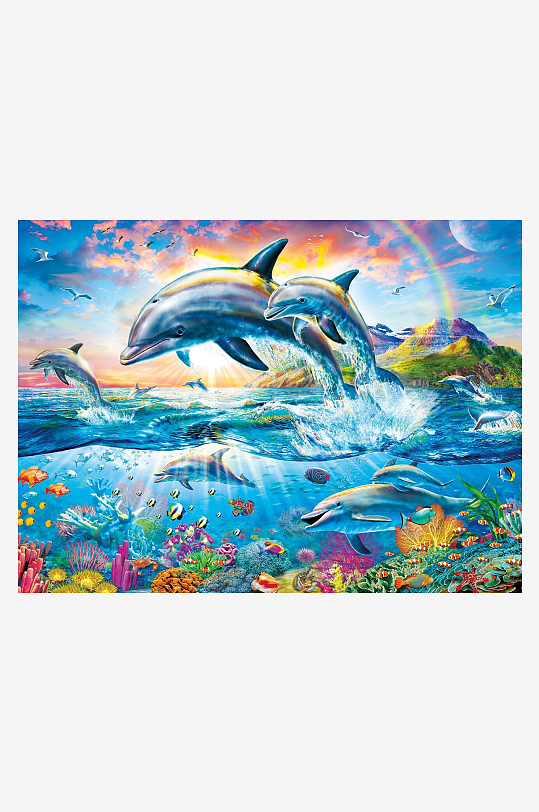 海豚跃出水面的海洋奇幻景象-众图网