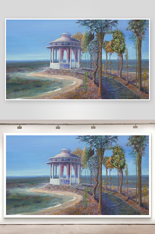 海边凉亭与树木风景画-众图网