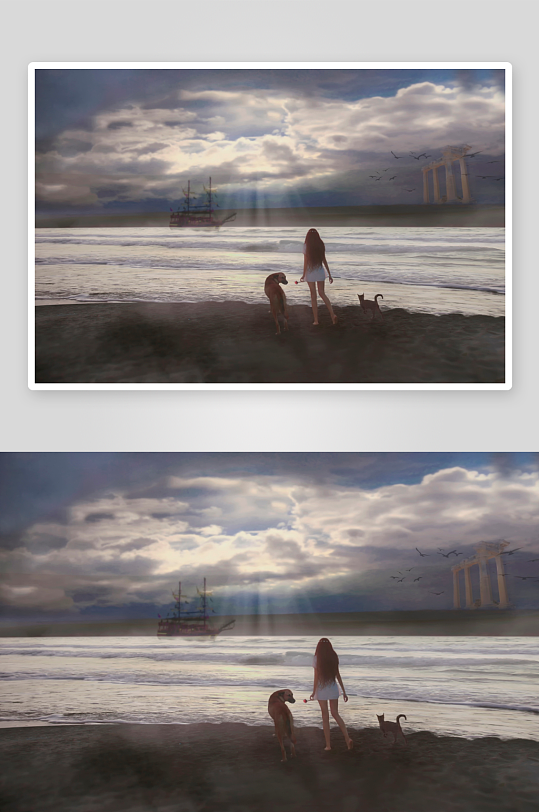海边女子与宠物漫步-众图网
