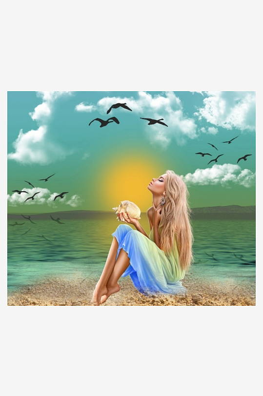 海边女子与飞鸟的梦幻场景-众图网