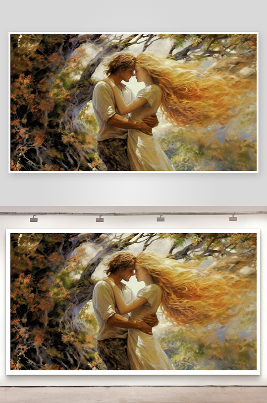 油画中情侣树下相拥-众图网