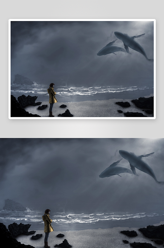 海边女子仰望空中鲸鱼-众图网