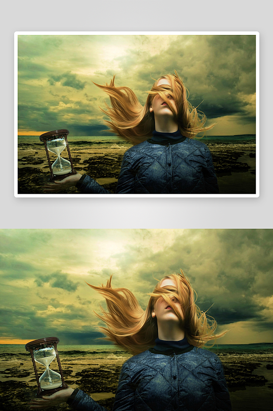 海边女子手持沙漏仰望天空-众图网