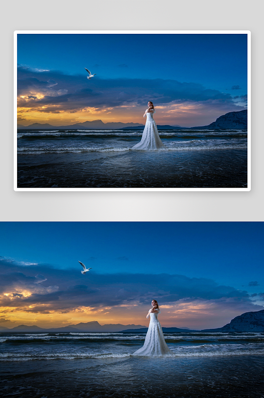 海边婚纱照女子与海鸥的浪漫瞬间-众图网